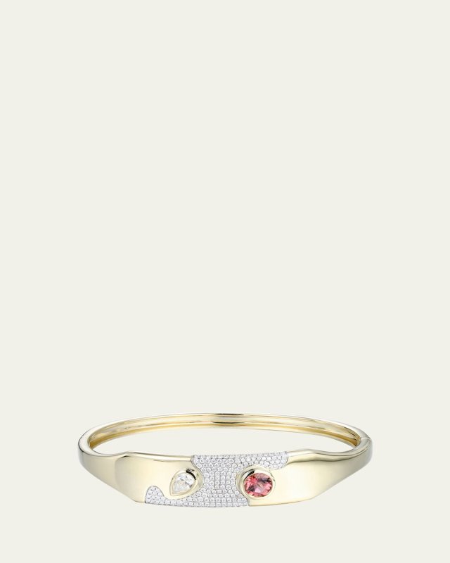 14K Yellow Gold Lava Pink Sapphire and Diamonds Bangle Bracelet